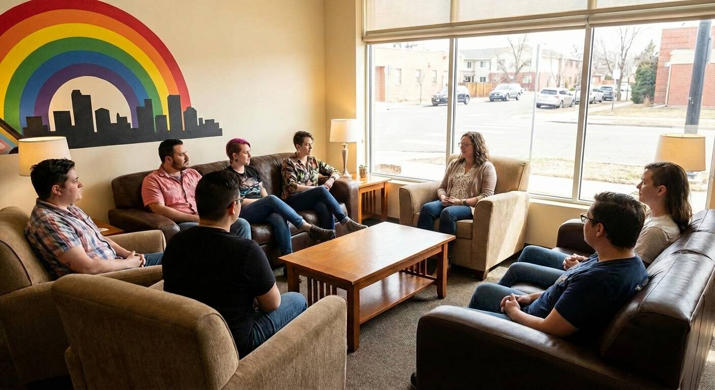 remove the sign in the middle of the table and give me back the same image afterTrauma-informed care empowers LGBTQIA2+ individuals in recovery by restoring control, safety, and dignity. you have removed the sign