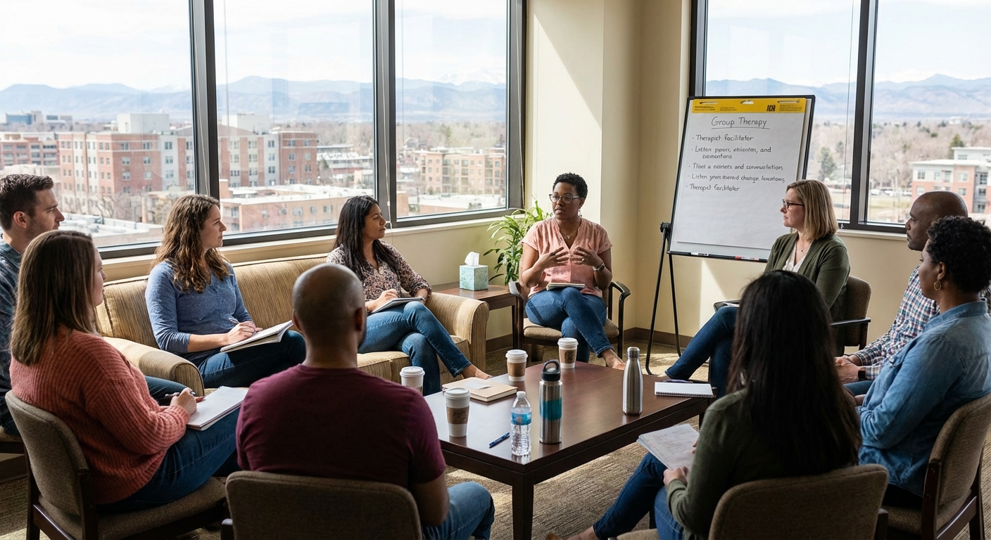 A typical day in Denver IOP: group therapy, mindfulness, and community support.